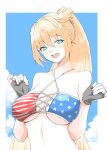  1girl american_flag_bikini ash_arms b-kyuu_ocha bangs bikini blonde_hair blue_sky border breasts cloud criss-cross_halter day eyebrows_visible_through_hair fingerless_gloves flag_print gloves green_eyes half-closed_eyes halterneck large_breasts long_hair looking_at_viewer m26_pershing_(ash_arms) open_mouth outdoors outside_border ponytail sky smile solo swimsuit upper_body w_arms white_border 
