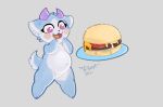  &lt;3 &lt;3_eyes 2021 :3 ambiguous_gender anthro belly blue_body blue_fur blush burger cute_fangs food fur grey_background horn hybrid misterdonut multicolored_body multicolored_fur open_mouth open_smile purple_eyes signature simple_background smile solo tongue two_tone_body two_tone_fur 
