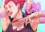  1boy ace_of_spades arm_behind_head arm_up armpits black_shirt blood blood_on_face bracelet card character_name club_(shape) collarbone commentary_request diamond_(shape) earrings fingernails fire gradient gradient_background green_background hand_up heart highres hikyou_(xxcowards) hisoka_morow holding holding_card hunter_x_hunter jewelry king_of_spades licking licking_blood looking_at_viewer male_focus nosebleed number open_mouth playing_card purple_fire red_hair seven_of_diamonds sharp_fingernails shirt short_hair simple_background six_of_clubs sleeveless sleeveless_shirt solo spade_(shape) tank_top teardrop_tattoo ten_of_hearts tongue tongue_out torn_clothes torn_shirt upper_body upper_teeth yellow_eyes 