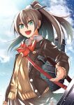 1girl akaneharu_ohkami bangs blazer blue_eyes bow bowtie brown_hair brown_jacket brown_skirt cloud day frilled_skirt frills hair_between_eyes headgear jacket kantai_collection kumano_(kancolle) long_hair long_sleeves open_mouth outdoors ponytail red_neckwear rigging skirt sky solo sweater_vest 