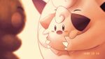  absurdres blurry blush brown_eyes claws clefairy cleffa commentary creature doll gen_1_pokemon gen_2_pokemon higa-tsubasa highres holding holding_pokemon open_mouth pokemon pokemon_(creature) substitute_(pokemon) 
