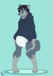  absurd_res anthro blush canid canine canis claws clothing collar cuddlehooves diaper hi_res hoodie looking_at_viewer male mammal paws pulling_down_shirt smile solo standing topwear wolf 