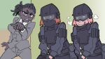  3girls black_hair brown_hair cornrows covered_mouth cowboy_shot dark_skin dark_skinned_female earrings goggles grey_eyes grey_jacket grey_pants grey_suit helltaker jacket jewelry jiete long_sleeves multiple_girls pants pink_hair pointing police_(helltaker) police_swat_(helltaker) tongue tongue_out 