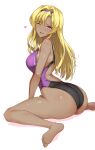  1girl ass blonde_hair blush breasts cleavage competition_swimsuit dark_skin granblue_fantasy hair_ornament hairband halcon highres large_breasts long_hair looking_at_viewer one-piece_swimsuit open_mouth red_eyes sitting smile soles solo swimsuit wariza white_hair zeta_(granblue_fantasy) 
