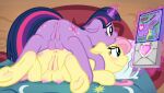  anus bed blue_eyes blush cutie_mark duo equid equine female female/female fluttershy_(mlp) fluttershyfann80085 friendship_is_magic furniture genitals hair hasbro hi_res hooves horse levitation magic mammal multicolored_hair my_little_pony on_bed pillow pink_hair pony purple_body purple_eyes pussy rear_view sex_toy teats twilight_sparkle_(mlp) underhoof urethra yellow_body 