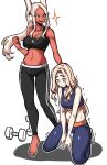  2girls animal_ear_fluff animal_ears bangs barefoot black_pants black_sports_bra blonde_hair boku_no_hero_academia breasts bunny_ears character_request cleavage clenched_hand closed_mouth collarbone crescent_print dumbbell embarrassed eyebrows_visible_through_hair eyes_visible_through_hair forehead full_body hair_intakes hand_on_another&#039;s_head hand_up kneeling long_eyelashes looking_at_another looking_down masgamjya medium_breasts mirko multiple_girls navel open_mouth outline pants parted_bangs petal_print ponytail purple_pants purple_sports_bra red_eyes sad shiny shiny_clothes sidelocks simple_background smile sparkle sports_bra sportswear standing stomach sweat talking tearing_up track_pants trembling white_background white_hair 