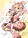  1girl blush bracelet breasts dress freyja_wion heart holding holding_microphone idol idol_clothes jewelry macross macross_delta microphone open_hand orange_dress orange_hair short_hair side_ponytail small_breasts smile solo thighhighs tinkle2013 wrist_bow 