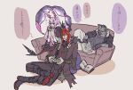  1girl 2boys animal_ears arknights book boots controller couch furry game_controller highres horns jacket jewelry koryuu_(gackter10) legs_together long_hair lying manticore_(arknights) mole mole_under_eye multiple_boys necklace on_side purple_eyes purple_hair red_eyes red_hair scorpion_tail sesa_(arknights) sitting spot_(arknights) tail translation_request twintails white_legwear 
