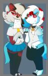  anthro claws clothing duo eating female fur homework kitsunekotaro lycanroc lyra_woof male male/female midnight_lycanroc nervous nervous_sweat nintendo pok&eacute;mon pok&eacute;mon_(species) red_body red_eyes red_fur school school_uniform shy silly uniform video_games 