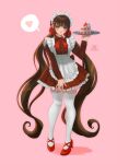  1girl apron artist_name bangs brown_hair cake cake_slice danganronpa_(series) danganronpa_v3:_killing_harmony dress english_commentary food frills full_body hair_ornament hair_scrunchie hairclip harukawa_maki heart highres holding long_hair long_sleeves looking_at_viewer low_twintails maid_headdress mary_janes missarilicious mole mole_under_eye pink_background red_dress red_eyes red_footwear red_scrunchie school_uniform scrunchie shoes smile solo spoken_heart thighhighs twintails very_long_hair zettai_ryouiki 