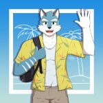  1:1 absurd_res aloha_shirt anthro argo_(knights_college) blue_body blue_fur canid canine clothed clothing dayjin fully_clothed fur hi_res knights_college male mammal open_clothing open_topwear pattern_clothing pattern_shirt pattern_topwear shirt smile solo topwear video_games visual_novel 