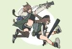  2girls :d animal_ears arknights baseball_bat belt beret black_legwear braid breasts brown_hair catapult_(arknights) cuora_(arknights) earrings green_eyes grin gun hair_ornament hairclip hat highres holding holding_baseball_bat holding_gun holding_weapon horse_ears jacket jewelry koryuu_(gackter10) long_hair looking_at_viewer midriff multiple_girls navel open_mouth orange_legwear short_hair shorts smile socks teeth thighhighs twin_braids w weapon 