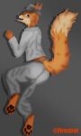  absurd_res anthro blue_eyes canid canine clothing fedora firestrot fox fox_hybrid fur grey_clothing hat headgear headwear hi_res male mammal tan_body tan_fur text timelord 