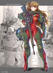  1girl 3boys aiming artist_name blue_eyes bodysuit breasts cable clenched_hand english_text floating_hair foregrip gun handgun helmet highres holding holding_gun holding_weapon jazz_kawa_sodom multiple_boys neon_genesis_evangelion orange_hair pistol plugsuit power_armor red_bodysuit rifle scope small_breasts sniper_rifle solo_focus souryuu_asuka_langley swat two_side_up weapon 