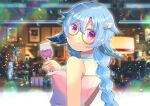 1girl alcohol bangs bare_shoulders blue-framed_eyewear blue_hair blurry blurry_background blush braid breasts closed_mouth cup depth_of_field drinking_glass eyebrows_visible_through_hair glasses hair_between_eyes hair_ornament hand_up holding holding_cup indie_virtual_youtuber kouu_hiyoyo long_hair looking_at_viewer looking_back neru_furiko pink_shirt purple_eyes round_eyewear shirt single_braid sleeveless sleeveless_shirt small_breasts smile solo star_(symbol) star_hair_ornament wine wine_glass 