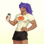  1boy alternate_costume alternate_hairstyle arm_hair bangs bottle character_print collarbone commentary covered_abs dark_skin dark_skinned_male earrings english_commentary facial_hair gen_3_pokemon hand_on_hip highres holding holding_bottle jewelry kia_shie leon_(pokemon) long_hair looking_to_the_side male_focus parted_lips pectorals pokemon pokemon_(game) pokemon_swsh ponytail purple_hair shirt short_sleeves shorts signature solo t-shirt trapinch water_bottle yellow_eyes 