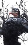  1boy black_eyes eddie_brock highres long_tongue male_focus marvel one_eye_covered open_hand open_mouth saliva science_fiction sharp_teeth solo spider-man_(series) symbiote teeth tongue tongue_out venom_(2018) venom_(marvel) white_background white_eyes zonotaida 