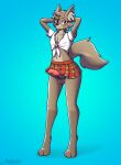  absurd_res anthro balls bottomwear canid canine clothing fox genitals hi_res inner_ear_fluff knot looking_at_viewer male mammal pankanchan penis_under_skirt pinup pose simple_background skirt solo tuft 