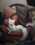  2021 anthro canid canine chair detailed_background duo felid feral fox fur furniture hi_res inside ipoke light lighting mammal pantherine shaded tiger white_body white_fur 