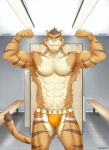  animal_humanoid anthro barazoku big_bulge bulge clothing felid felid_humanoid flexing flexing_bicep furry_tail gaouu hi_res humanoid invalid_background jockstrap locker_room male mammal mammal_humanoid muscular muscular_male pantherine pantherine_humanoid pongotora pubes solo tiger tiger_humanoid underwear woof_brand 