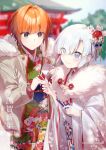  2girls bangs blue_eyes coat fuyuhi_tsukika gate hair_between_eyes hair_ornament hair_over_one_eye happy_new_year highres holding japanese_clothes kimono multiple_girls new_year orange_hair original short_hair shrine silver_eyes silver_hair temple winter_clothes 