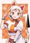  1girl animal_ears cat_ears cat_tail goutokuji_mike hand_up highres itomugi-kun open_mouth orange_background orange_eyes shirt short_hair short_sleeves shorts smile square tail touhou white_hair white_shirt white_shorts wristband 