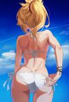  1girl adjusting_clothes adjusting_swimsuit ass back bikini blonde_hair blue_sky bracelet braid cloud cowboy_shot day fate/apocrypha fate_(series) french_braid from_behind hair_ornament hair_scrunchie halterneck hidden_face highres jewelry long_hair mordred_(fate) mordred_(fate)_(all) outdoors ponytail red_scrunchie scrunchie shoulder_blades side-tie_bikini sidelocks sky string_bikini swimsuit thighs tonee white_bikini 