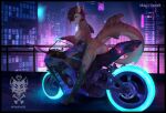  anthro anus black_sclera brown_hair butt city_lights female fish fleet-foot genitals hair hi_res marine motorcycle neon_lights night nude pussy shark shark_tail solo tongue tongue_out vehicle 