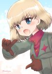  1girl bangs black_gloves blonde_hair blue_eyes blue_sky bob_cut cloud cloudy_sky day eyebrows_visible_through_hair fang frown girls_und_panzer gloves green_jacket index_finger_raised insignia jacket katyusha_(girls_und_panzer) leaning_forward long_sleeves looking_at_viewer nakasawa_kei open_mouth outdoors pravda_school_uniform red_shirt school_uniform shirt short_hair sky solo turtleneck twitter_username 