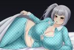  1girl alternate_breast_size bed_invitation blush breasts curvy huge_breasts kantai_collection kasumi_(kancolle) mee_don navel older plump side_ponytail silver_hair solo wide_hips yellow_eyes 