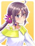  1girl ahoge akebono_(kancolle) alternate_costume bangs bell blush choker closed_mouth eyebrows_visible_through_hair flower hair_bell hair_flower hair_ornament highres kantai_collection long_hair outline ponytail porupurucha purple_eyes purple_flower purple_hair simple_background solo sweat upper_body white_outline yellow_background 