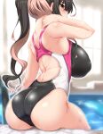  1girl absurdres alternate_costume ass back bare_arms bare_legs bare_shoulders black_hair black_swimsuit blush breasts butt_crack competition_swimsuit from_behind grey_eyes hand_on_own_neck high_ponytail highleg highleg_swimsuit highres huge_breasts kantai_collection long_hair looking_at_viewer looking_back multicolored multicolored_clothes multicolored_hair multicolored_swimsuit naganami_(kancolle) one-piece_swimsuit pink_hair ponytail pool poolside sitting solo swimsuit water water_drop wet wet_clothes wet_hair wet_swimsuit yoshi_tama 