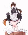  1girl alternate_costume apron bangs blush breasts brown_hair bubble closed_mouth cloth dated earrings english_commentary enmaided eyebrows_visible_through_hair frills garter_straps genderswap genderswap_(mtf) genshin_impact gradient_hair hair_between_eyes holding holding_clothes holding_skirt huge_breasts jewelry long_hair long_sleeves maid maid_headdress multicolored_hair orange_hair ponytail simple_background single_earring skirt solo srs2 stepping stepping_on_clothes swimsuit tassel tassel_earrings twitter_username victorian_maid waist_apron white_background yellow_eyes zhongli_(genshin_impact) 
