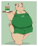  2021 anthro apron blush brown_body brown_fur clothing fur green_eyes hi_res humanoid_hands inigo_(kusosensei) kemono kusosensei male mammal overweight overweight_anthro overweight_male simple_background solo ursid 