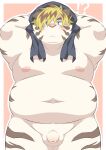  ! 2021 ? absurd_res anthro balls belly blush felid flaccid fur genitals hi_res kemono licho_(tas) male mammal moobs navel nipples overweight overweight_anthro overweight_male pantherine penis ptcmtr simple_background small_penis solo tiger tokyo_afterschool_summoners towel video_games white_body white_fur 