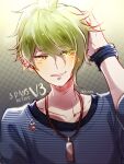  1boy amami_rantarou bangs blue_shirt collarbone danganronpa_(series) danganronpa_v3:_killing_harmony earrings english_commentary green_eyes green_hair grey_background hair_between_eyes hakamii hand_in_hair hand_up highres jewelry looking_at_viewer male_focus necklace parted_lips portrait shirt short_hair sleeves_past_elbows smile solo striped striped_shirt teeth upper_body wristband 