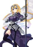  1girl armor armored_dress black_legwear blonde_hair blue_eyes braid braided_ponytail breasts chain dress fate/apocrypha fate/grand_order fate_(series) flag headpiece highres holding holding_flag jeanne_d&#039;arc_(fate) jeanne_d&#039;arc_(fate)_(all) long_hair looking_at_viewer rin_falcon simple_background smile solo sword thighs weapon white_background 