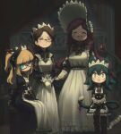  4girls :3 :d ^_^ absurdres animal animal_ears bangs blonde_hair blunt_bangs bonnet braid brown_hair cat cat_ears cat_girl cat_tail closed_eyes commentary crown_braid earrings english_commentary facing_viewer flareze_(porforever) glasses gloves green_hair hair_between_eyes hair_bun highres holding holding_animal holding_cat horns indoors jewelry long_hair looking_at_viewer maid maid_day maid_headdress monocle multiple_girls open_mouth original porforever red-framed_eyewear red_hair ribbon semi-rimless_eyewear sitting smile standing tail tail_ornament tail_ribbon two_side_up under-rim_eyewear white_gloves yellow_eyes 