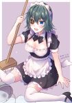  1girl alternate_costume apron black_dress breasts dress enmaided eyepatch frilled_apron frills green_eyes green_hair kabocha_torute kantai_collection kiso_(kancolle) maid maid_apron maid_headdress medium_breasts puffy_short_sleeves puffy_sleeves short_dress short_hair short_sleeves solo thighhighs waist_apron white_apron white_legwear 