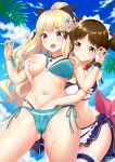 amano_suzume bikini breast_grab fingering nipples princess_connect princess_connect!_re:dive sasaki_saren swimsuits yuri 