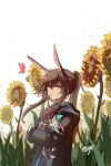  1girl absurdres amiya_(arknights) animal_ears animalization arknights blue_eyes brown_hair bug bunny_ears butterfly cat chinese_commentary cravat e-fa-dorn flower highres hood hooded_jacket insect jacket jewelry long_hair ponytail ring rosmontis_(arknights) signature sunflower 