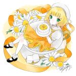  1girl 7meill animal_ears beret blonde_hair bunny_ears cake daisy fake_animal_ears flower food frilled_skirt frills fruit full_body gochuumon_wa_usagi_desu_ka? green_eyes hat highres kirima_sharo lemon lemon_slice orange_ribbon orange_skirt oversized_object puffy_short_sleeves puffy_sleeves ribbon sailor_collar short_sleeves skirt solo spoon sugar_cube wavy_hair 