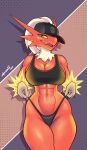  2021 abs anthro blaziken bodily_fluids bra breasts clothing clothing_pull eyebrows eyelashes female glistening glistening_body green_eyes hanako_(lyorenth-the-dragon) hat headgear headwear hi_res looking_at_viewer lyorenth-the-dragon mane muscular muscular_anthro muscular_female navel navel_piercing nintendo open_mouth panties panty_pull piercing pok&eacute;mon pok&eacute;mon_(species) solo sports_bra sweat thong underwear underwear_pull video_games yellow_sclera 