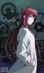  1girl abstract_background artist_name bangs blue_background blue_eyes brown_hair closed_mouth collar firoro from_side hair_between_eyes labcoat long_hair long_sleeves looking_at_viewer looking_to_the_side makise_kurisu sidelocks smile solo standing steins;gate 