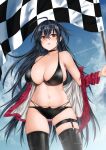  1girl azur_lane bangs bare_shoulders bikini black_bikini black_choker black_hair black_legwear blue_sky breasts checkered checkered_flag choker cleavage crossed_bangs eyewear_on_head flag from_below highleg highleg_bikini highres holding holding_flag huge_breasts jacket long_hair looking_at_viewer multi-strapped_bikini multiple_straps official_alternate_costume open_clothes open_jacket proto_messiah race_queen red_eyes red_jacket skindentation sky solo swimsuit taihou_(azur_lane) taihou_(enraptured_companion)_(azur_lane) thigh_strap very_long_hair 
