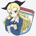  1girl :o adjusting_eyewear assam_(girls_und_panzer) bespectacled black_neckwear black_ribbon blonde_hair blue_eyes blue_sweater commentary_request cropped_torso dress_shirt emblem girls_und_panzer glasses grey_background hair_pulled_back hair_ribbon holding holding_tablet_pc ichinose_jun long_hair long_sleeves looking_at_viewer necktie ribbon school_uniform shirt simple_background solo st._gloriana&#039;s_(emblem) st._gloriana&#039;s_school_uniform sweater tablet_pc v-neck white_shirt wing_collar 