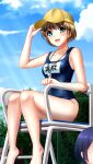  1girl :d bangs barefoot baseball_cap blue_sky blue_swimsuit blush breasts brown_hair character_name cloud collarbone day doukyuusei_another_world eyebrows_visible_through_hair game_cg green_eyes hair_between_eyes hat kakyuusei_2 looking_at_viewer name_tag official_art open_mouth outdoors sawamura_kazuki school_swimsuit shiny shiny_hair shiny_skin short_hair sitting sky small_breasts smile solo_focus swimsuit whistle yellow_headwear 