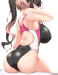 1girl absurdres ass back black_hair black_swimsuit blush breasts butt_crack competition_swimsuit eyebrows_visible_through_hair from_behind grey_eyes hand_on_own_neck high_ponytail highres huge_breasts kantai_collection long_hair looking_at_viewer looking_back multicolored_hair naganami_(kancolle) one-piece_swimsuit pink_hair ponytail poolside simple_background sitting solo swimsuit white_background yoshi_tama 