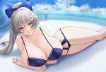  1girl absurdres azur_lane blue_bow blurry blurry_background bow breasts clothing_cutout doinaka eyebrows_visible_through_hair flower grey_hair hair_bow hair_flower hair_ornament high_ponytail highres huge_breasts light_blush long_hair navel_cutout official_alternate_costume one-piece_swimsuit purple_swimsuit silver_eyes solo swimsuit swimwear vittorio_veneto_(azur_lane) vittorio_veneto_(the_flower_of_la_spezia)_(azur_lane) white_flower 