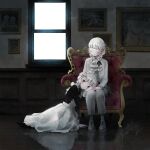  2girls 7meill albino apron bangs braid closed_eyes crossdressing formal frilled_apron frills highres holding_hands lap_pillow maid maid_headdress multiple_girls original painting_(object) pale_skin red_eyes reflective_floor signature silver_hair smile twin_braids window yuri 